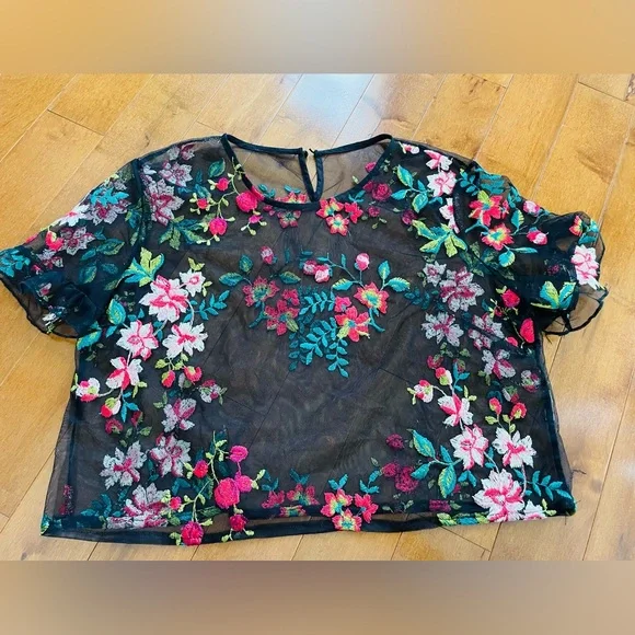 Floral Embroidered Black Sheer Crop Top - Picture 1 of 3